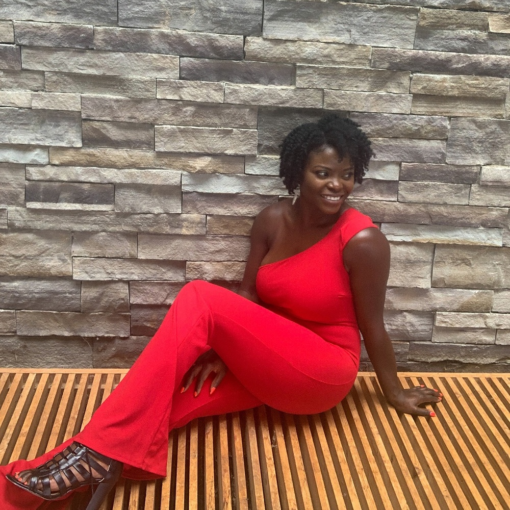 Lipstick Red, off shoulder jumpsuit - Picture 2 of 2